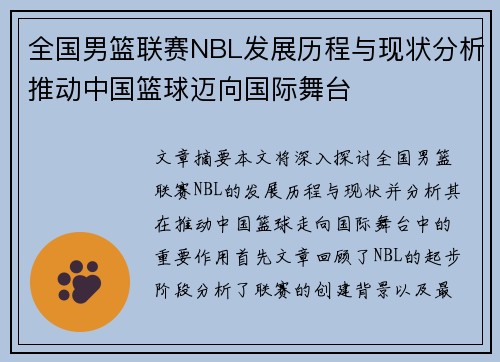 全国男篮联赛NBL发展历程与现状分析推动中国篮球迈向国际舞台